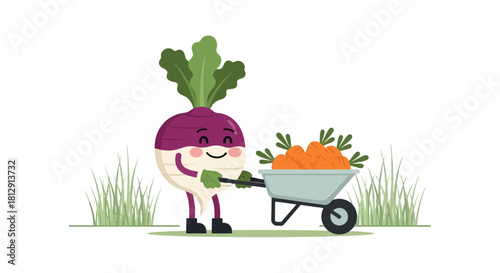 A Cheerful Vegetable Character Transporting Harvested Carrots in a Wheel Barrow with Greenery