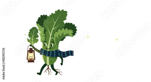 A Cheerful Vegetable Character Walks With a Lantern Through a Dark, Starry Night