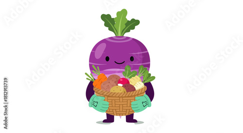A Cute Cartoon Turnip Character Carrying a Basket of Freshly Harvested Produce