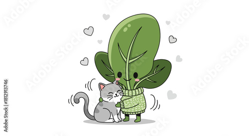 A Cute Cartoon Cat and Spinach Embrace Amidst Floating Hearts in Love and Friendship