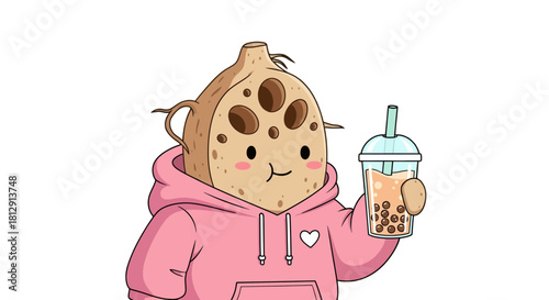 A Cute Plant Character With Boba Tea And Pink Hoodie On Black Background