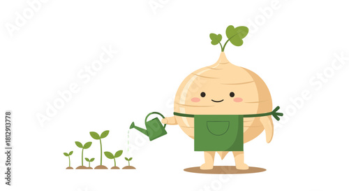 A Cute Root Vegetable Character Carefully Watering Young Plants in Black Background