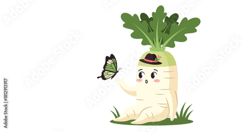 A Delightful Illustrated Radish Character Marveling At A Green Winged Butterfly Friend