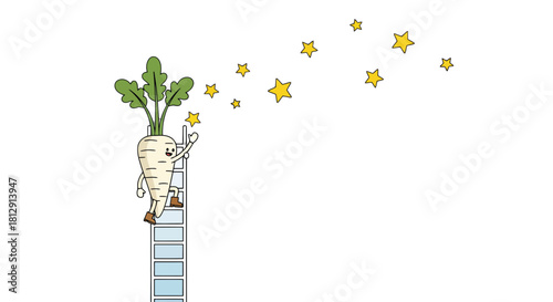 A Cheerful Vegetable Reaching For Stars Climbing A Ladder Under The Night Sky