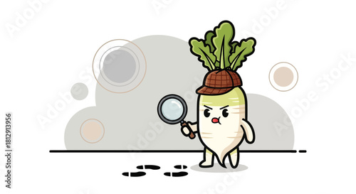 A Detective Radish Cartoon Exploring With A Magnifying Glass And A Hat