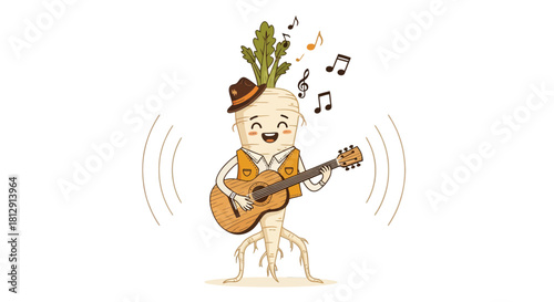 A Cheerful Vegetable Sings a Song with A Guitar and Spreads Musical Vibes