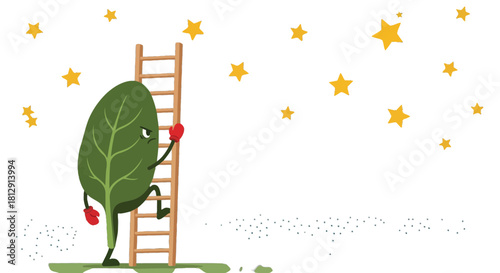 A Determined Leaf Ascends a Ladder Towards the Night Sky and a Celestial Ambition