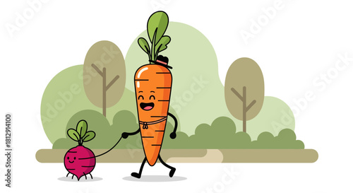 A Cheerful, Animated Carrot Takes A Healthy Beet For A Friendly Promenade in Nature