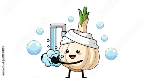 A Cheerful, Animated Onion Character Sanitizing Hands with Soap Bubbles