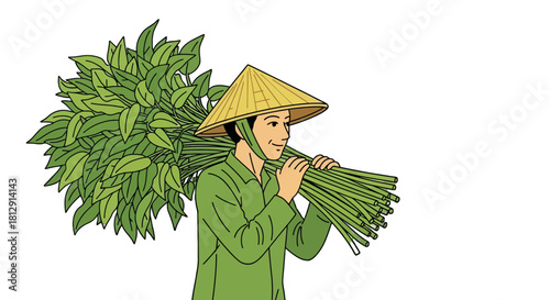 A Farmer Harvesting Crops in a Traditional Vietnamese Outfit on a Black Backdrop