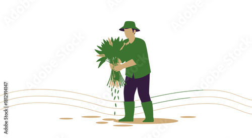 A Farmer Harvesting Crops in a Field with Green Tones Against Black Background