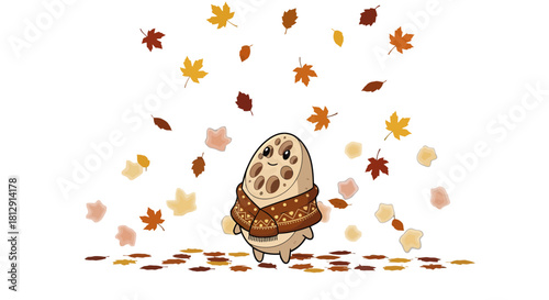 A Cheerful, Animated Root Character Enjoying The Autumnal Leaf Shower