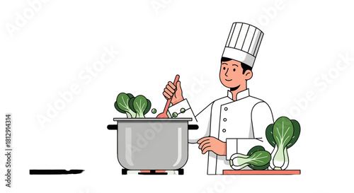 A Chef Expertly Cooking Fresh Vegetables In A Pot, Preparing A Delicious Meal