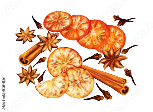 
Festive Citrus and Spice Watercolor Illustration. Dried orange slices cinnamon sticks star anise and cloves arranged in a warm festive spice illustration