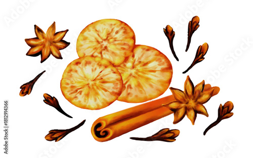 
Festive Citrus and Spice Watercolor Illustration. Dried orange slices cinnamon sticks star anise and cloves arranged in a warm festive spice illustration