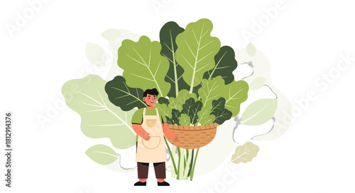 A Farmer Proudly Presents a Basket of Freshly Harvested Green Vegetables Illustration