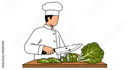 A Chef Expertly Slicing Fresh Green Vegetables on a Chopping Board for Culinary Purposes