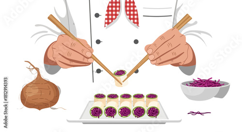 A Chef Expertly Preparing an Exquisite Dish with Chopsticks and Artful Presentation