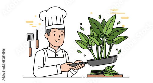 A Chef Preparing Fresh Greens In A Pan For A Delicious Vegetarian Dish