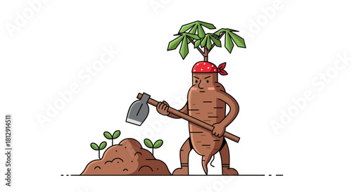 A Fierce Root Vegetable Character Holding a Hoe in a Garden Ready to Grow New Life