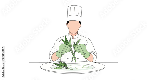A Chef Preparing Herb Presentation On a Plate With Leaves Ready For Fine Cuisine