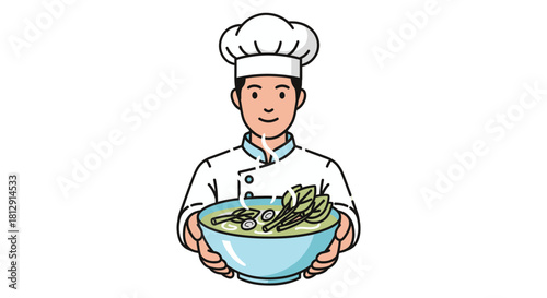 A Chef Presents A Delicious Bowl Of Fresh Asian Soup Smiling For The Camera