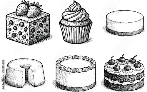 Hand drawn vintage cake and dessert collection featuring slices, cupcakes, cheesecakes and assorted classic sweet bakery treats