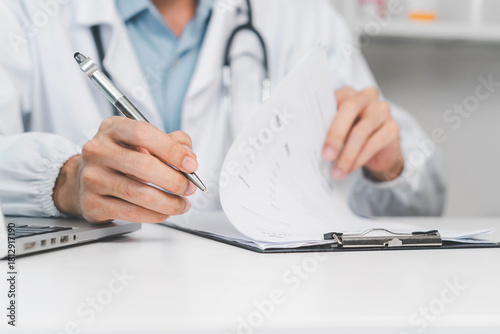 Doctor reviewing patient health information with a virtual quality certificate and checklist, illustrating clinical assessment, medical analysis, digital healthcare, and modern quality management in m