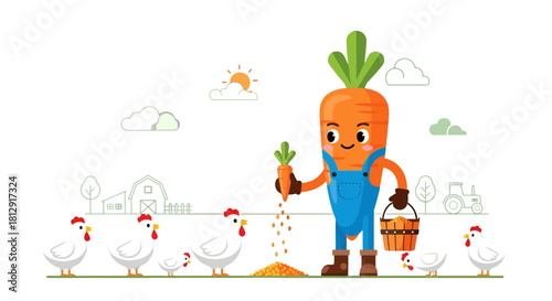 A Friendly Carrot Farmer Tends His Chicken Flock In A Charming Rural Scene