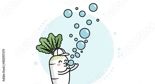 A Friendly Happy Radish Blowing Bubbles With Artistic Circular Backgrounds Design