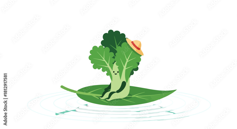 Fototapeta premium A Friendly Vegetable Character Relaxing on a Leaf Surrounded by Ripples