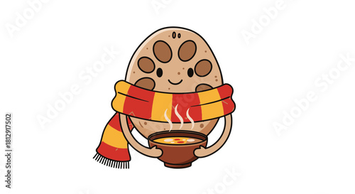 A Friendly Potato Character Warms Up With a Bowl Of Soup On Black Background