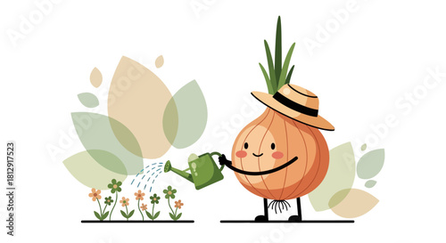 A Friendly Onion With A Hat Watering a Garden With Playful Vegetation Elements