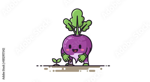 A Friendly Purple Radish Planting Seedlings, A Charming Illustrated Vegetable Icon
