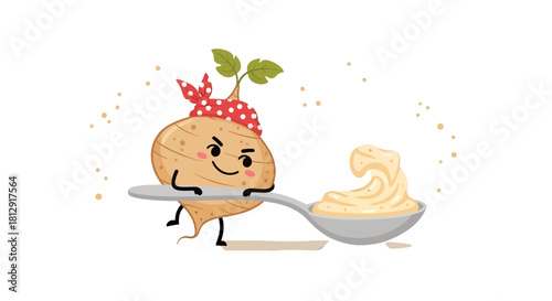 A Friendly Root Vegetable Presenting a Delicious Creamy Dish on Spoon with Black Backgrounds