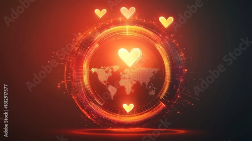 Digital globe with glowing heart icons representing global love