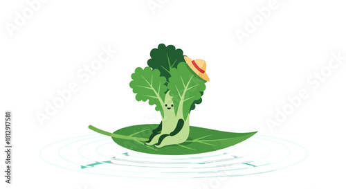 A Friendly Vegetable Character Relaxing on a Leaf Surrounded by Ripples