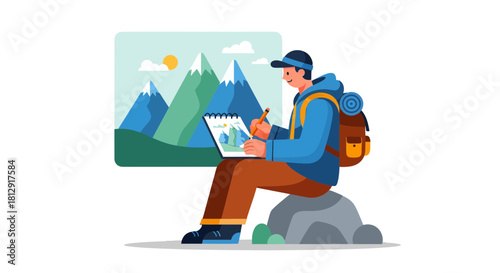 A Person Drawing Mountain Landscape, Capturing Nature's Beauty, Creative Illustration