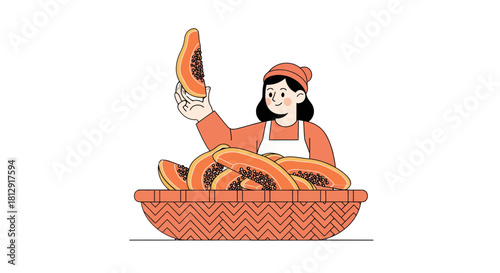 A Fruit Vendor Holding Papaya Slices from a Basket with a Black Background
