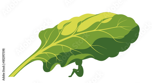 A Person Finds Sanctuary Underneath a Large Leaf on a Dark and Mysterious Background