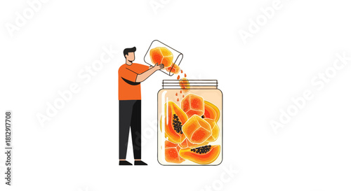 A Person Is Putting Fresh Papaya Fruits Into The Jar To Preserve The Deliciousness
