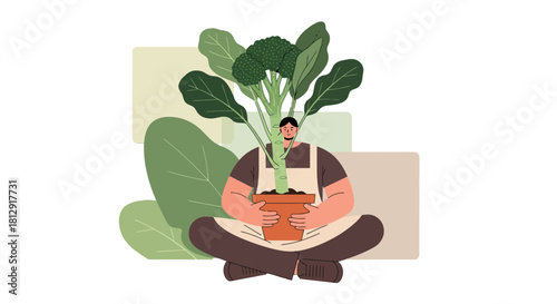 A Person Meditating With Broccoli Symbolizing Growth and Harmony in Nature