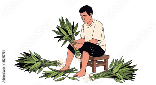 A Person Meditatively Sitting with Harvested Fresh Greens Against a Black Backdrop Illustration