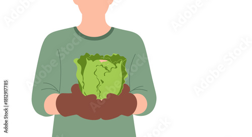 A Gardener Holding Fresh Organic Cabbage Against Black Background in Vector Style