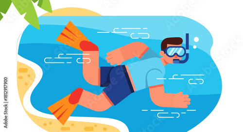 A Person Scuba Diving In The Ocean Underwater In Summer With Minimalist Style