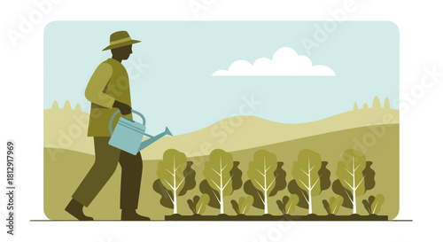 A Gardener Waters Plants Illustration: Cultivating Growth and Sustainable Agriculture