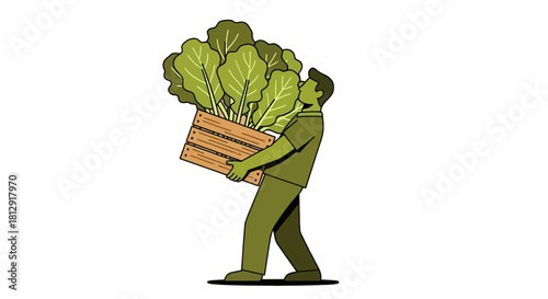 A Person Transports Leafy Greens in a Wooden Crate against a Black Backdrop