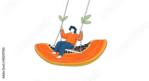 A Person Swings on a Papaya, a Delightful Artistic Illustration on a Black Background