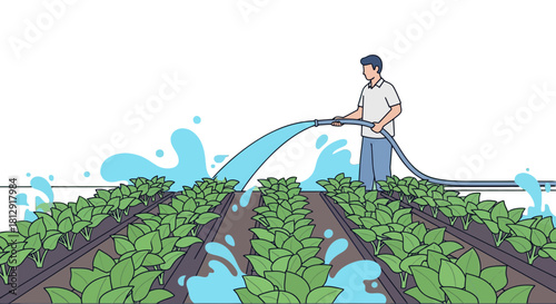 A Gardener Waters Plants in Field Using a Hose with Water Splashes in the Dark