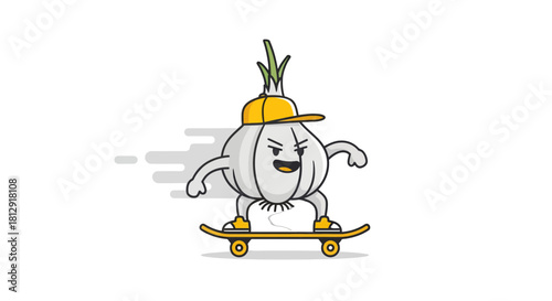 A Garlic Skateboarder With Hat, Cool, Trendy, Unique, And Awesome Design Concept